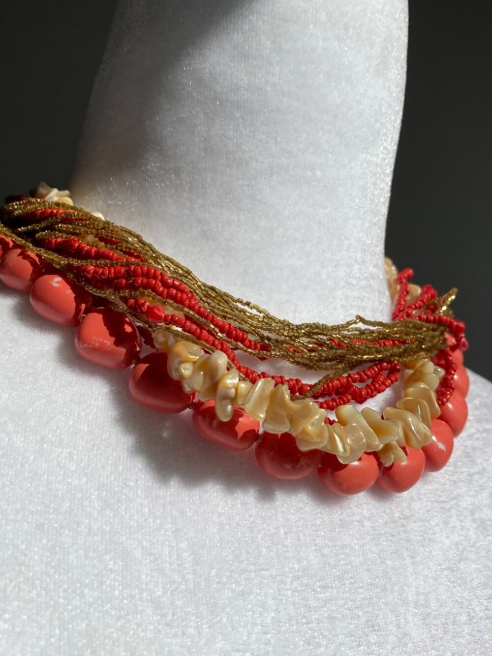 Vintage Chunky Coral Color Sea Shell Statement Necklace Boho Beach Summer - Picture 4 of 16